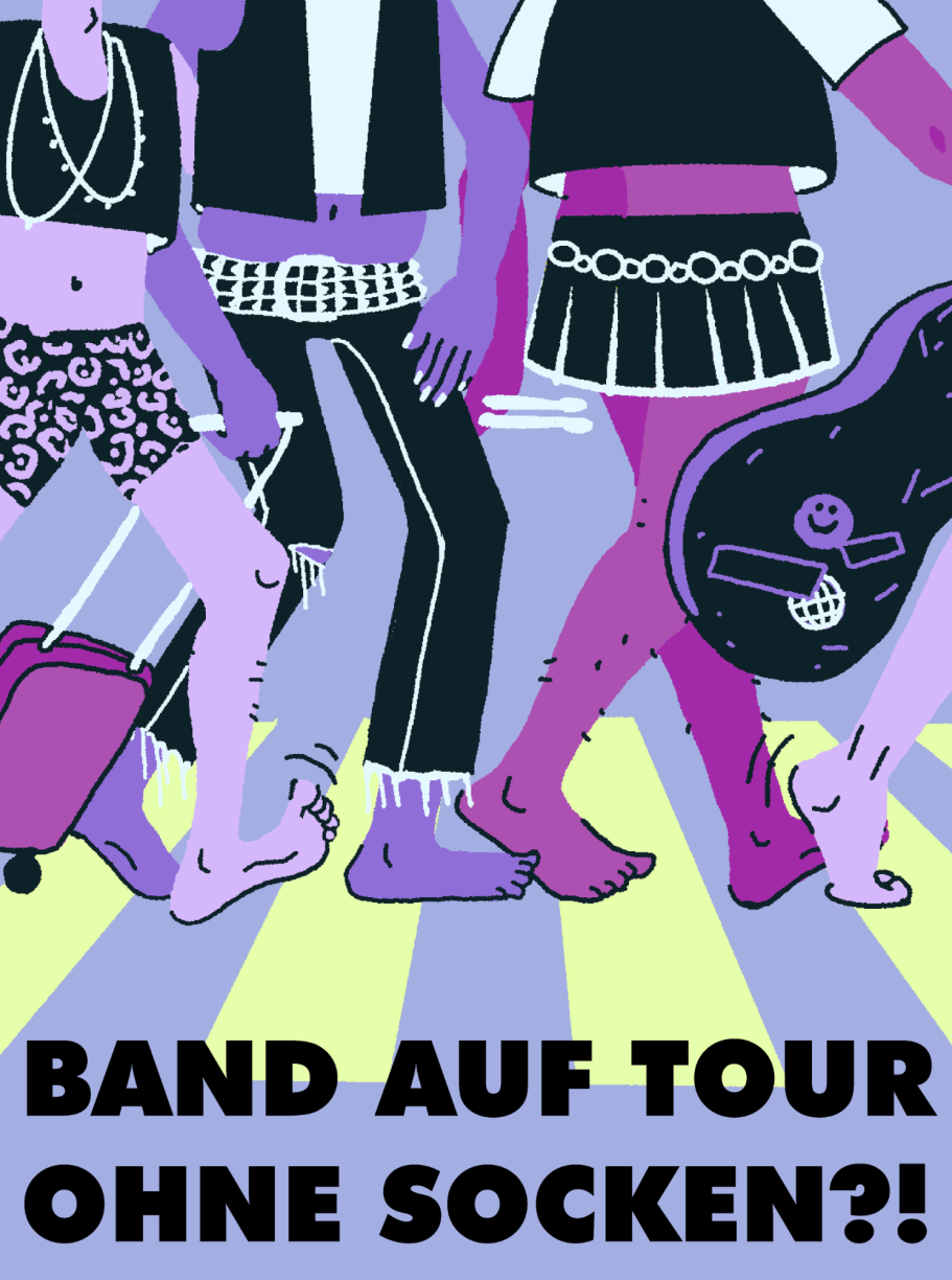 Bandmitglieder in modischer Kleidung ohne Socken mit Reisetasche und Gitarre.