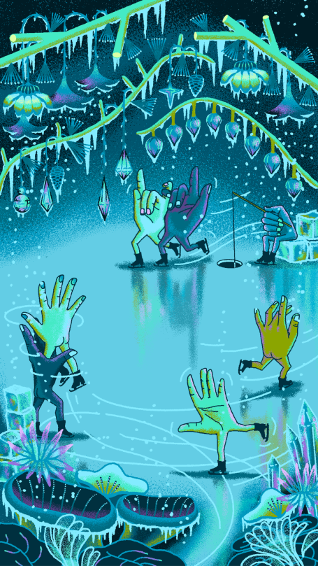 Bunte, fantasievolle Unterwasserlandschaft mit verschiedenen Händen und leuchtenden Pflanzen.