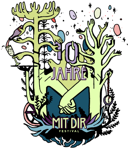 Bunte Illustration von Bäumen, Händen und festlichen Elementen zum Jubiläum.