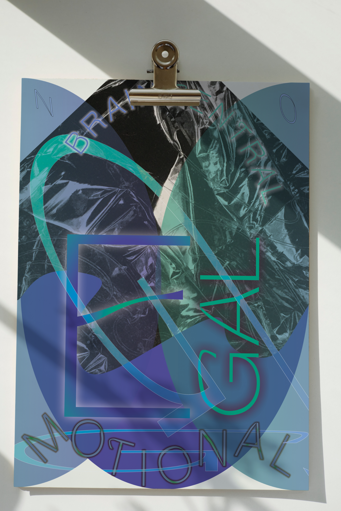 Poster Emotional Font Collage mit geometrischen Formen und Text in Blau- und Grüntönen auf hellem Hintergrund.