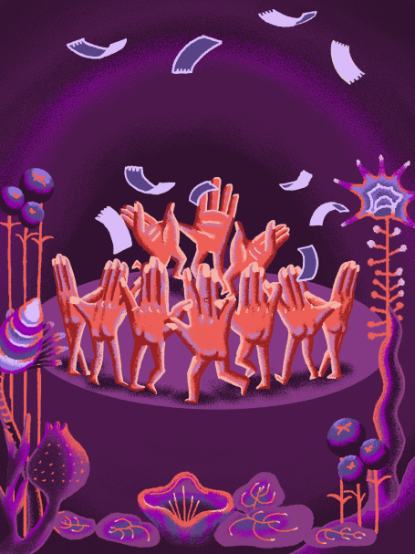 Bunte Hände tanzen in einer fantasievollen Umgebung mit purplem Hintergrund.