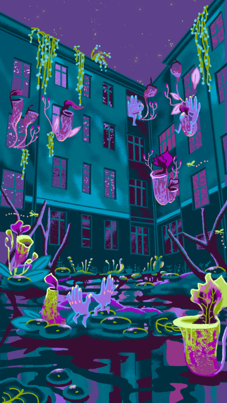 Bunte urbanen Gartenlandschaft mit Pflanzen, Tieren und surrealen Elementen.