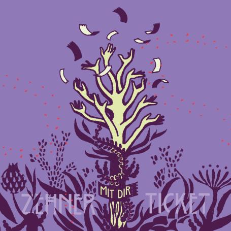 Ein stilisierter Baum mit bunten Blättern auf lila Hintergrund und Text "MIT DIR TICKET".