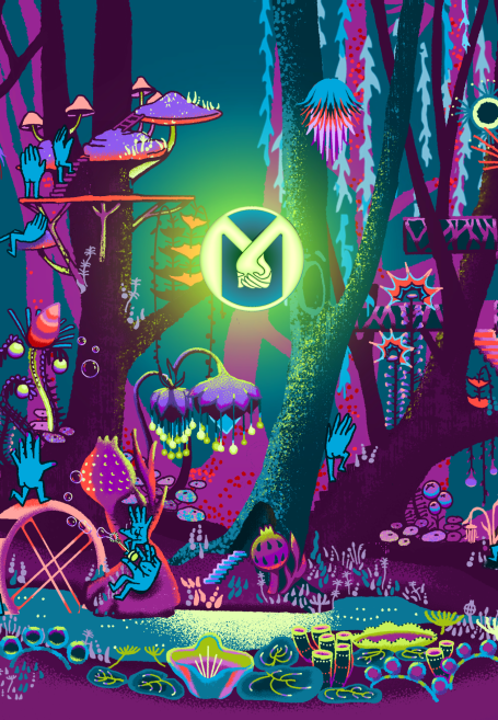 Bunte, surreale Waldszene mit Pilzen, Pflanzen und einer leuchtenden Symbolik.