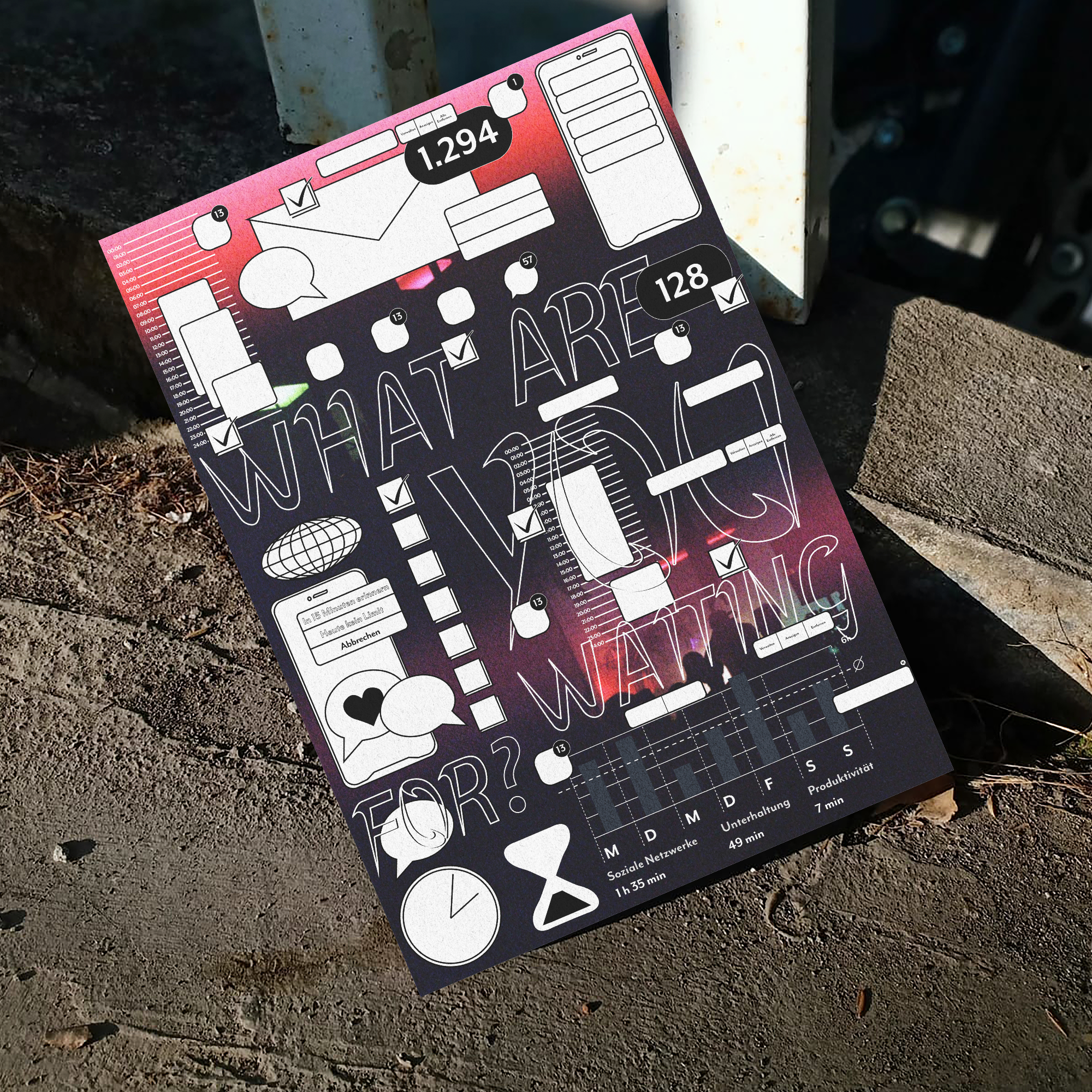 Poster NIKE Font Schwarzes Plakat mit Grafiken und Texten zu Kunst und Zeit.