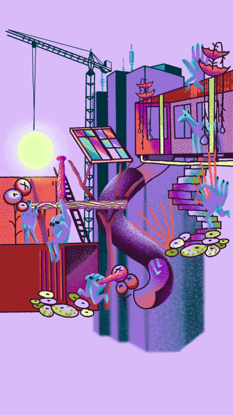 Bunte, abstrakte Illustration mit kreativen Figuren und Objekten in einem fantasievollen Raum.