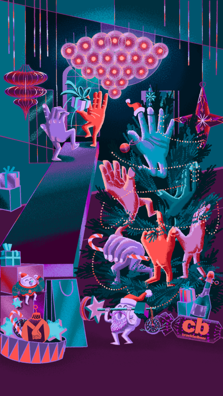 Bunte, abstrakte Darstellung mit geometrischen Formen und organischen Elementen.