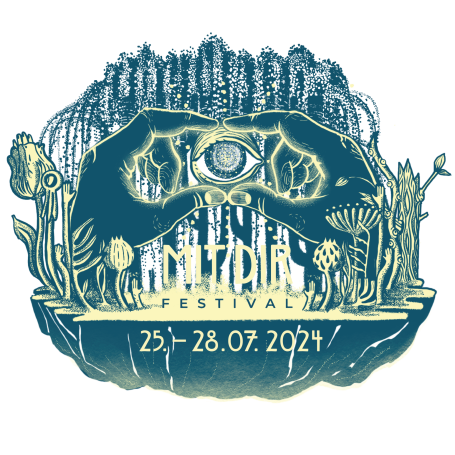 Festival-Logo mit stylisierten Händen, Pflanzen und einem Auge. Datum: 25.-28.07.2024