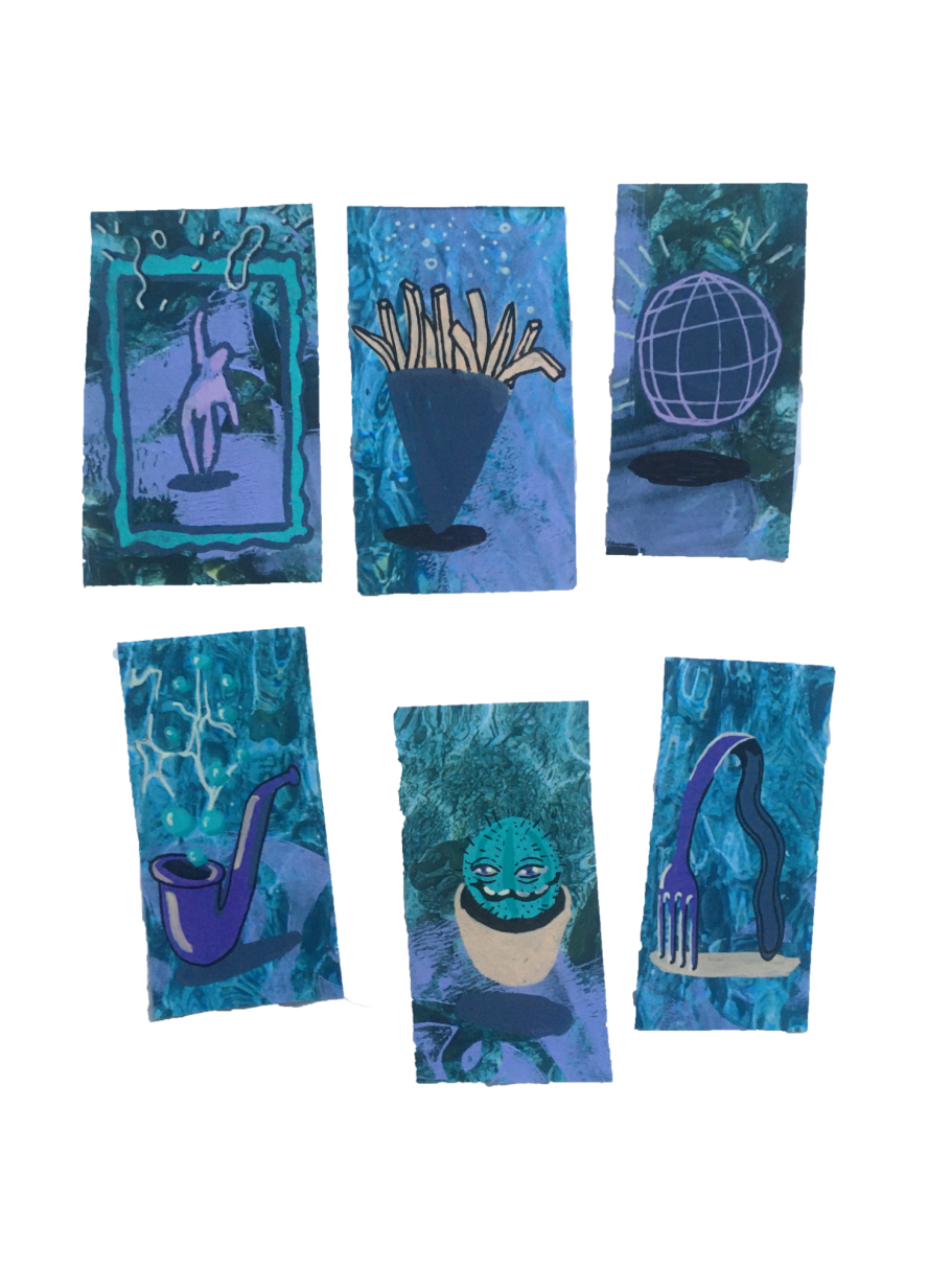 Sechs dekorative Karten mit verschiedenen Mustern und Motiven, farblich aquamarin.