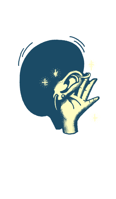 Eine stilisierte Hand hält eine große Ohrmuschel, symbolisiert Zuhören und Neugier.