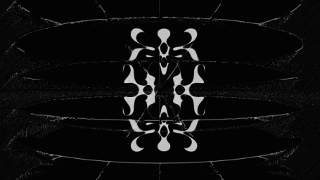 Abstrakte schwarze und weiße Muster, die sich symmetrisch wiederholen.